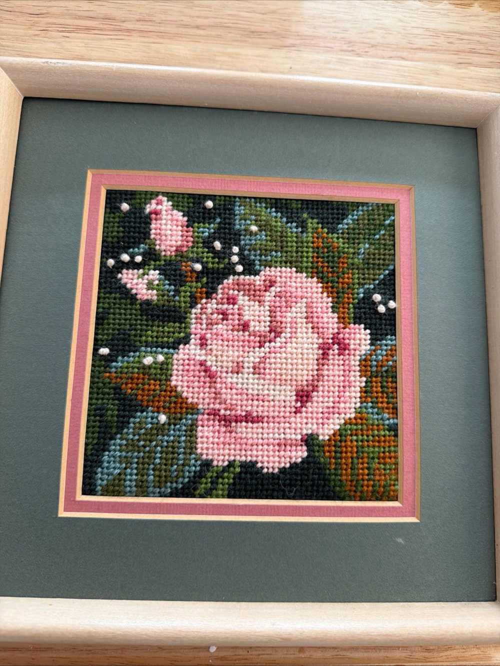 Vintage Pink Rose Cross-Stitch Wall Art - Framed Floral Home Decor